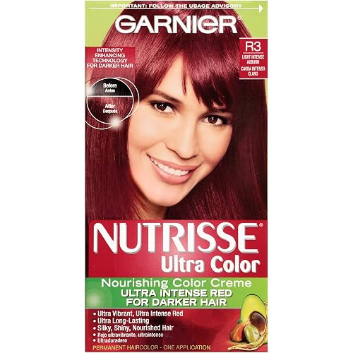 Garnier Nutrisse Ultra Color Nourishing Permanent Hair Color Cream, R3 Light Intense Auburn (1 Kit) Red Hair Dye (Packaging May Vary)