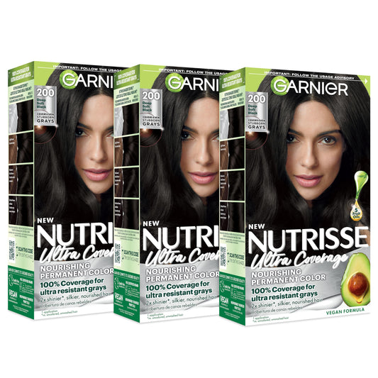 Garnier Nutrisse Ultra Coverage Hair Color, Permanent Hair Dye for Up to 8 Weeks of Stubborn Gray Coverage, Vegan & Cruelty-Free, 200 Deep Soft Black Beauty & Personal Care Garnier