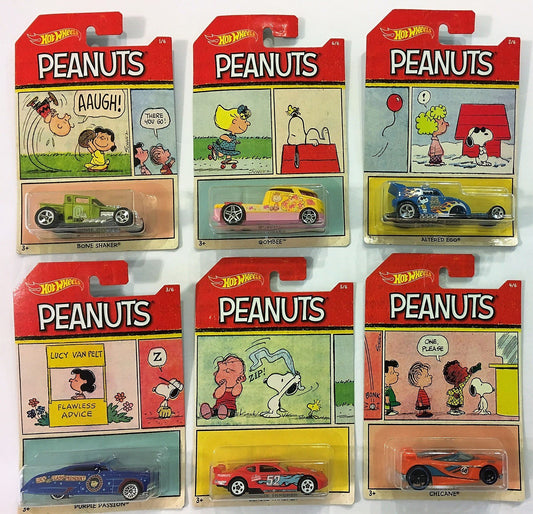 2017 Hot Wheels PEANUTS Complete Set Of 6 : CHARLIE BROWN (Bone Shaker), SNOOPY (Altred Ego), LUCY (Purple Passion), FRANKLIN (Chicane), LINUS…