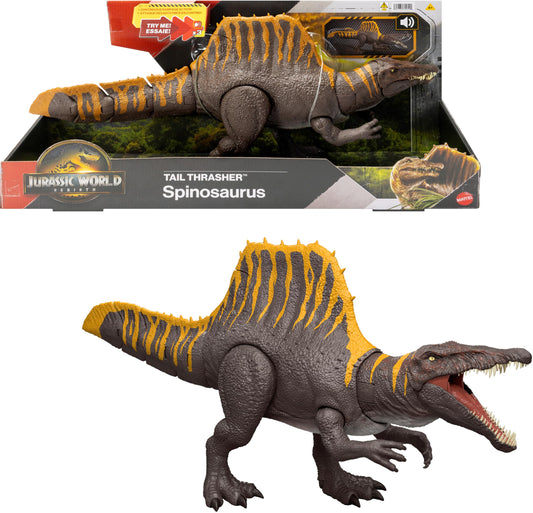 Mattel Jurassic World Rebirth Dinosaur Toy, Tail Thrasher Spinosaurus Action Figure with 2 Attack Moves, Movie-Accurate & Posable, Digital Play