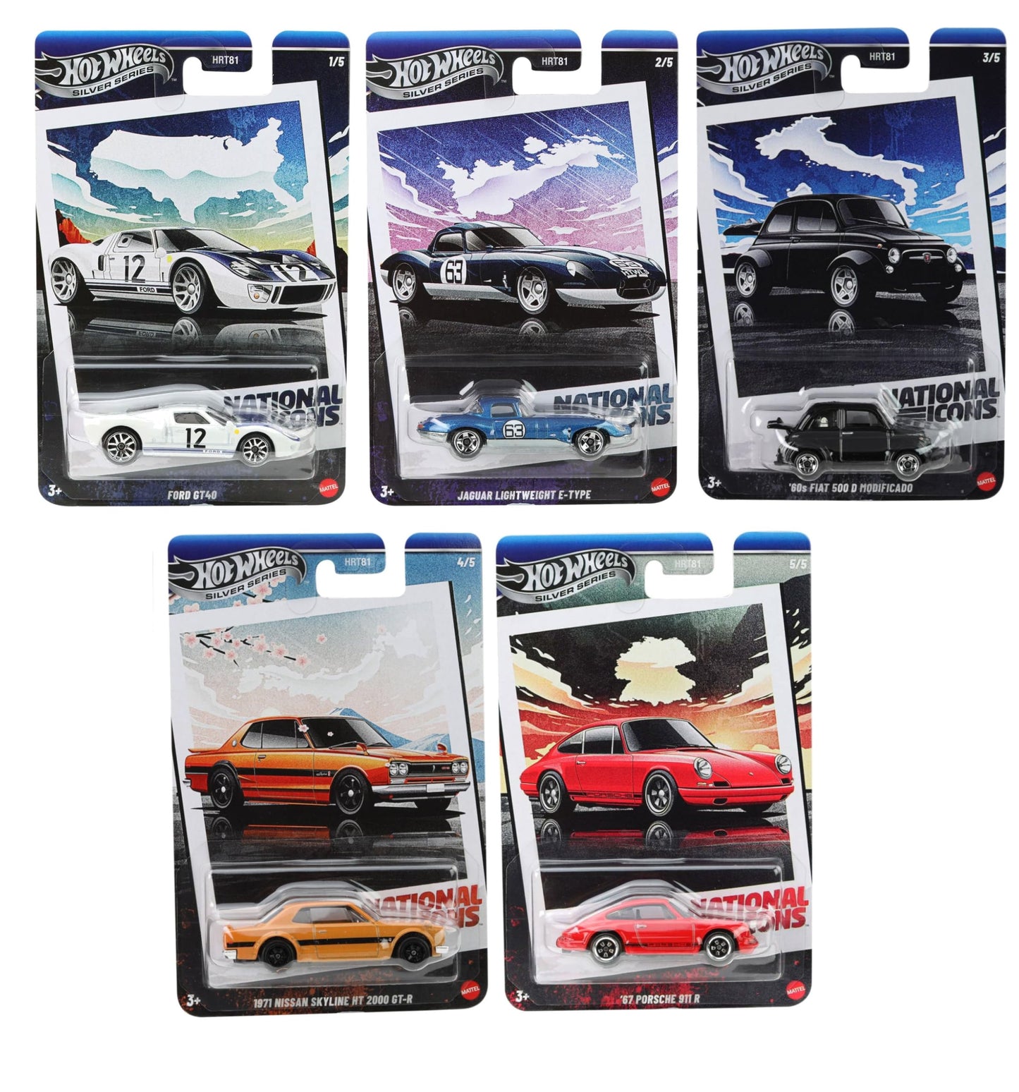 Hot Wheels National Icons Collection Silver Series - 5-Car Die‑Cast Bundle, 1:64 Scale, Ages 3+ (HRT81‑956G)