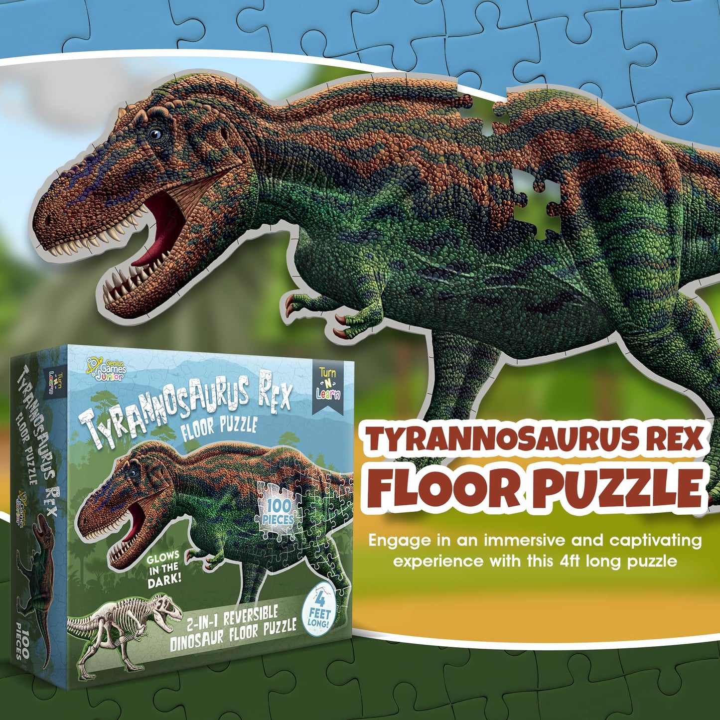 Tyrannosaurus Rex Dinosaur 100-Piece Floor Puzzle – Double Sided with Glow-in-the-Dark Skeleton – 4 FT Educational Dino Toy for Kids