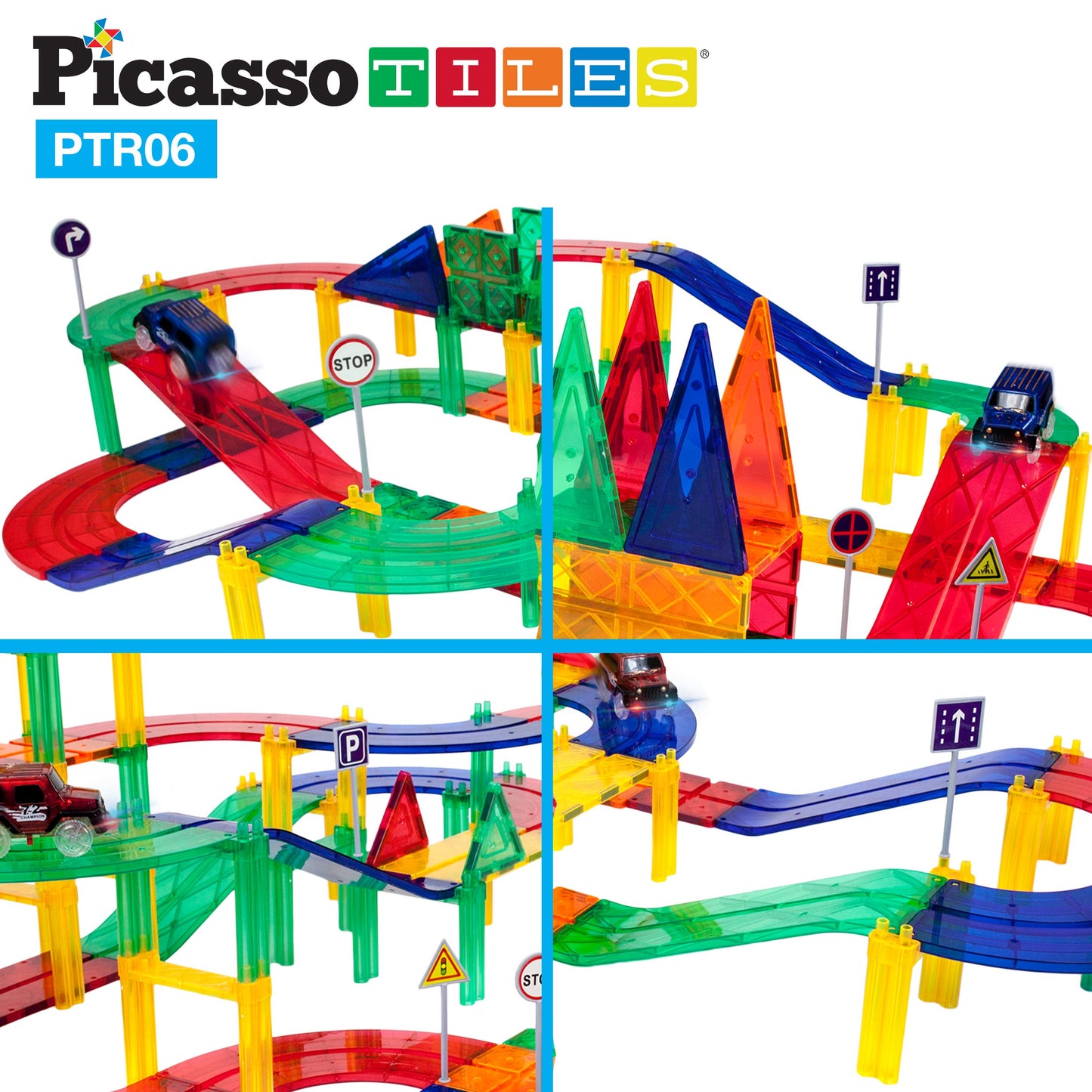 PicassoTiles 6pc Magnetic Race Track Ramp Set – STEM Magnet Tile Accessories for Kids Construction Playset, Educational Toy PTR06