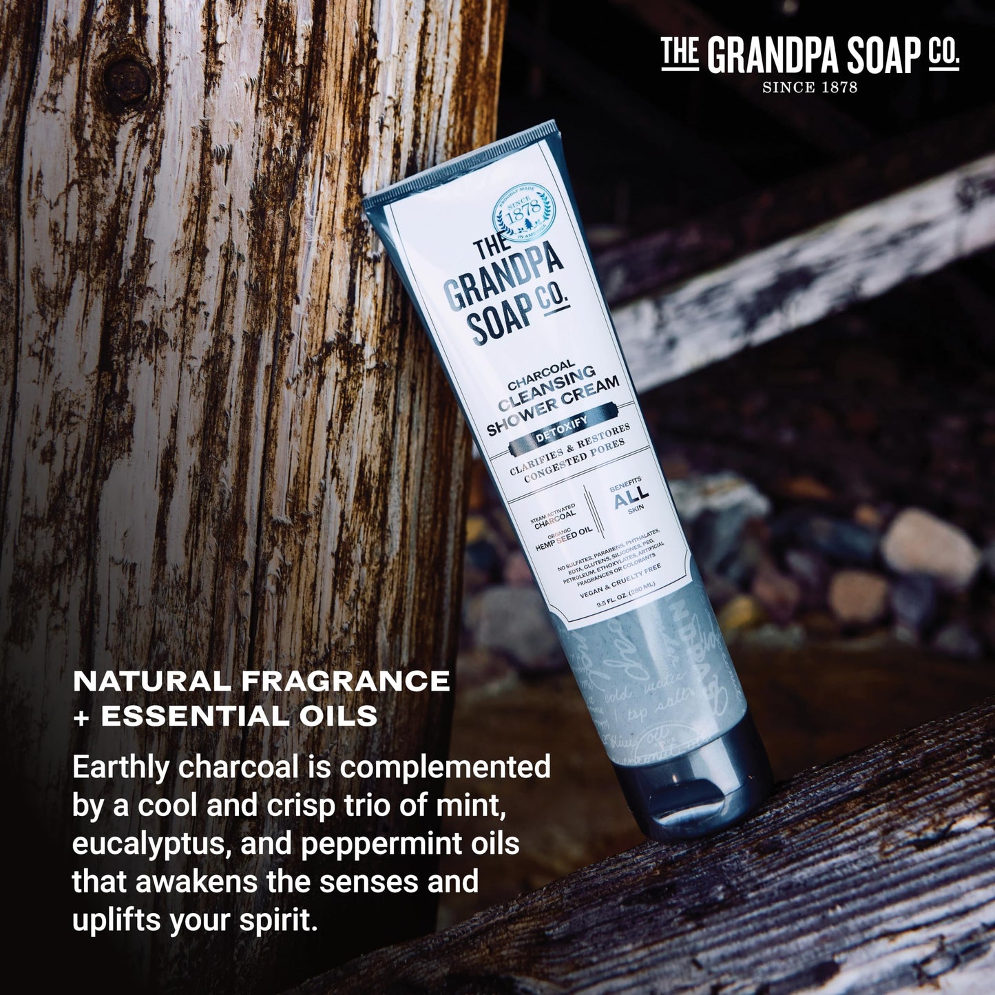 The Grandpa Soap Company Charcoal Cleansing Shower Cream - Clarifies & Restores Congested Pores, With Activated Charcoal & Hemp Seed Oil, Detoxifies