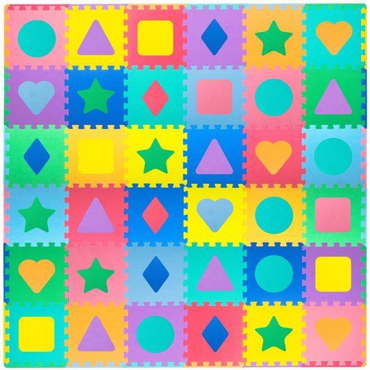 ProSource Kids Foam Puzzle Floor Play Mat with Shapes & Colors 36 Tiles, 12"x12" and 24 Borders