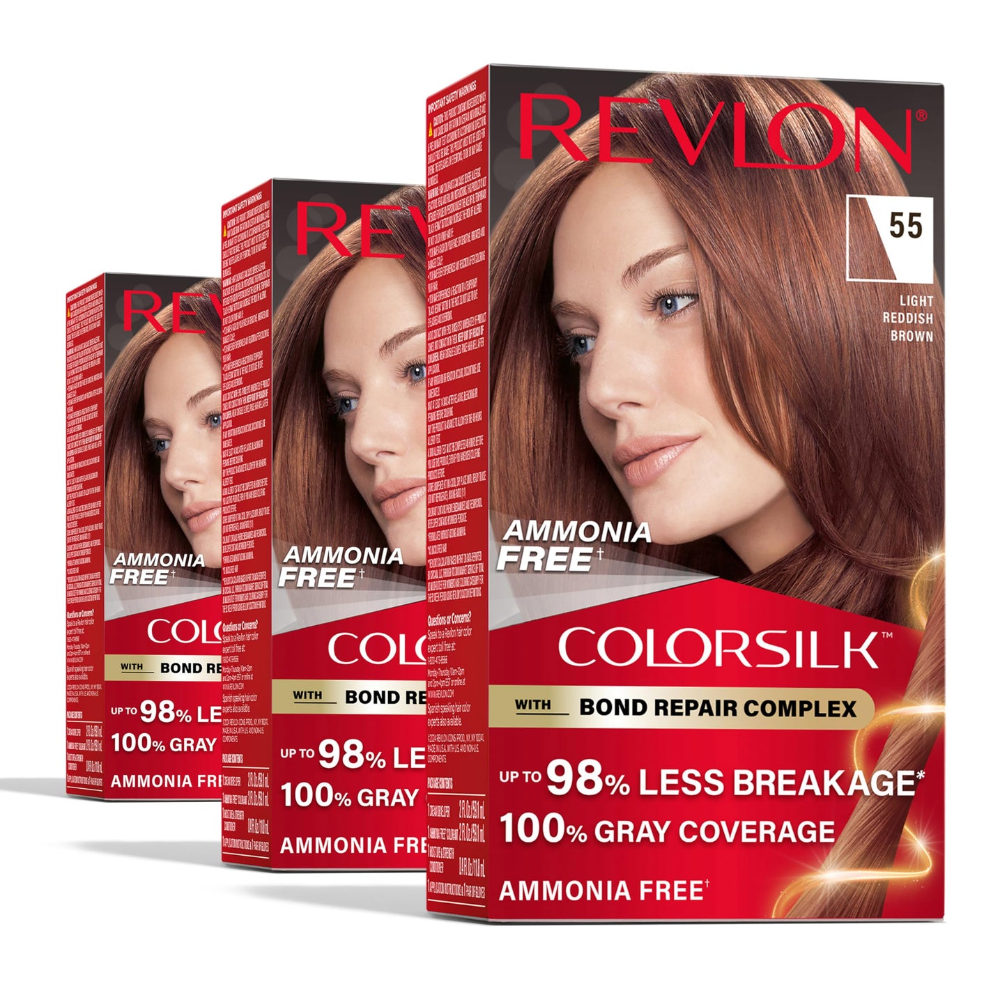 Revlon ColorSilk with Bond Repair Complex, Red Permanent Hair Color, 100% Gray Coverage, Ammonia Free Hair Dye, Vegan Keratin, 55 Light Reddish Brown