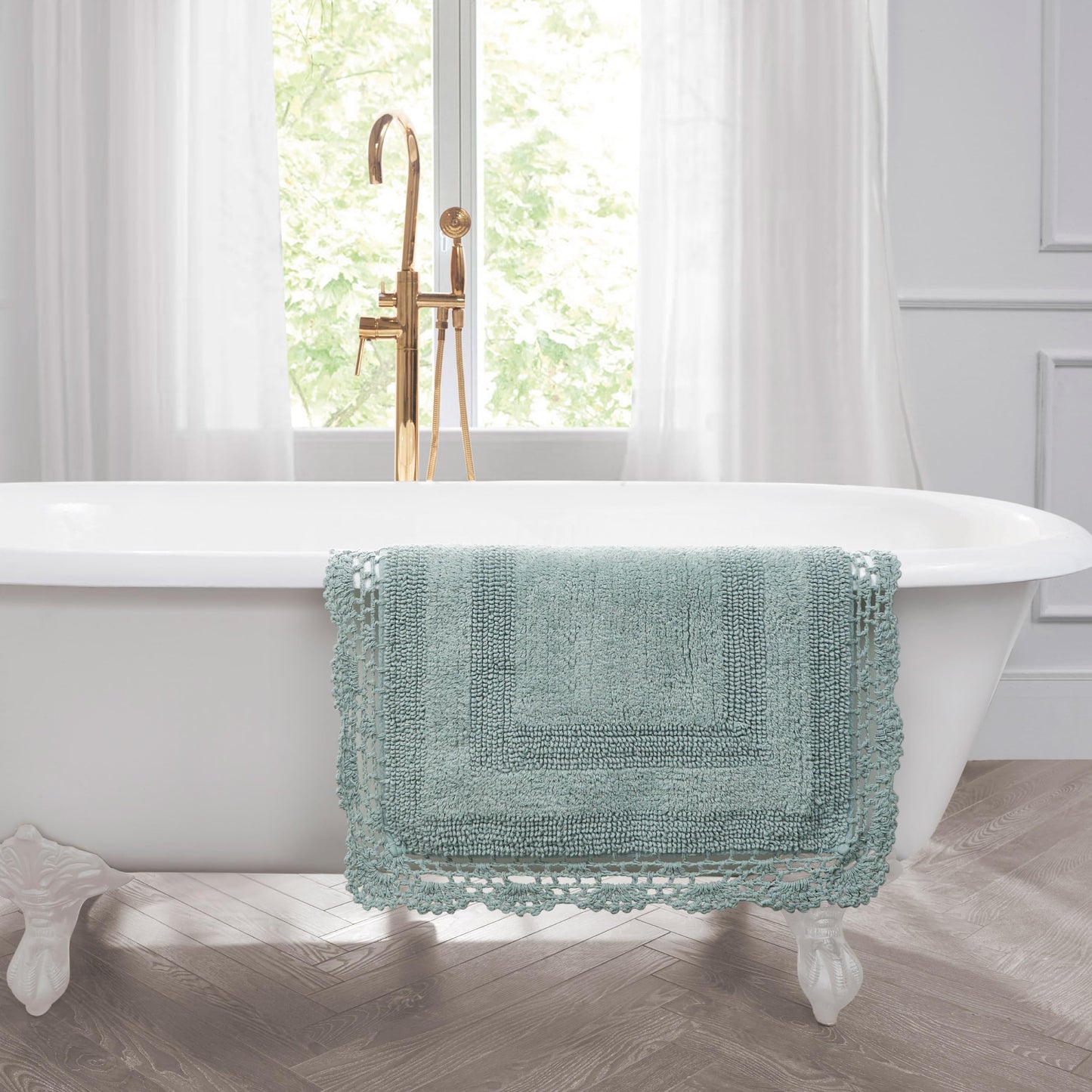 Laura Ashley Absorbent Bath Mat Reversible Crochet Soft and Plush Bathroom Mat 100% Cotton 17x24 Bath Rug, Aqua Blue