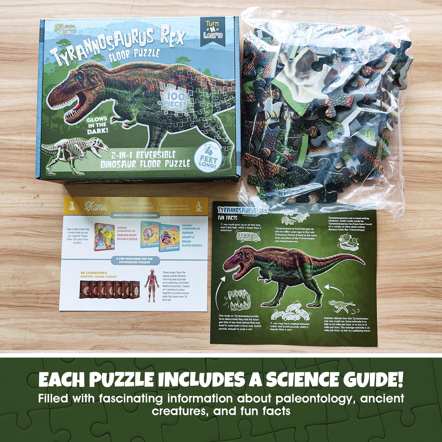 Tyrannosaurus Rex Dinosaur 100-Piece Floor Puzzle – Double Sided with Glow-in-the-Dark Skeleton – 4 FT Educational Dino Toy for Kids