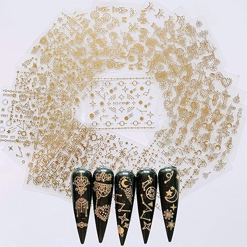 NAIL ANGEL 24 Sheets Nail Art Adhesive Gold Color Sticker Sheets Moon Star Universal Flower Shapes Sticker Sheets Nail Art Deco 10057