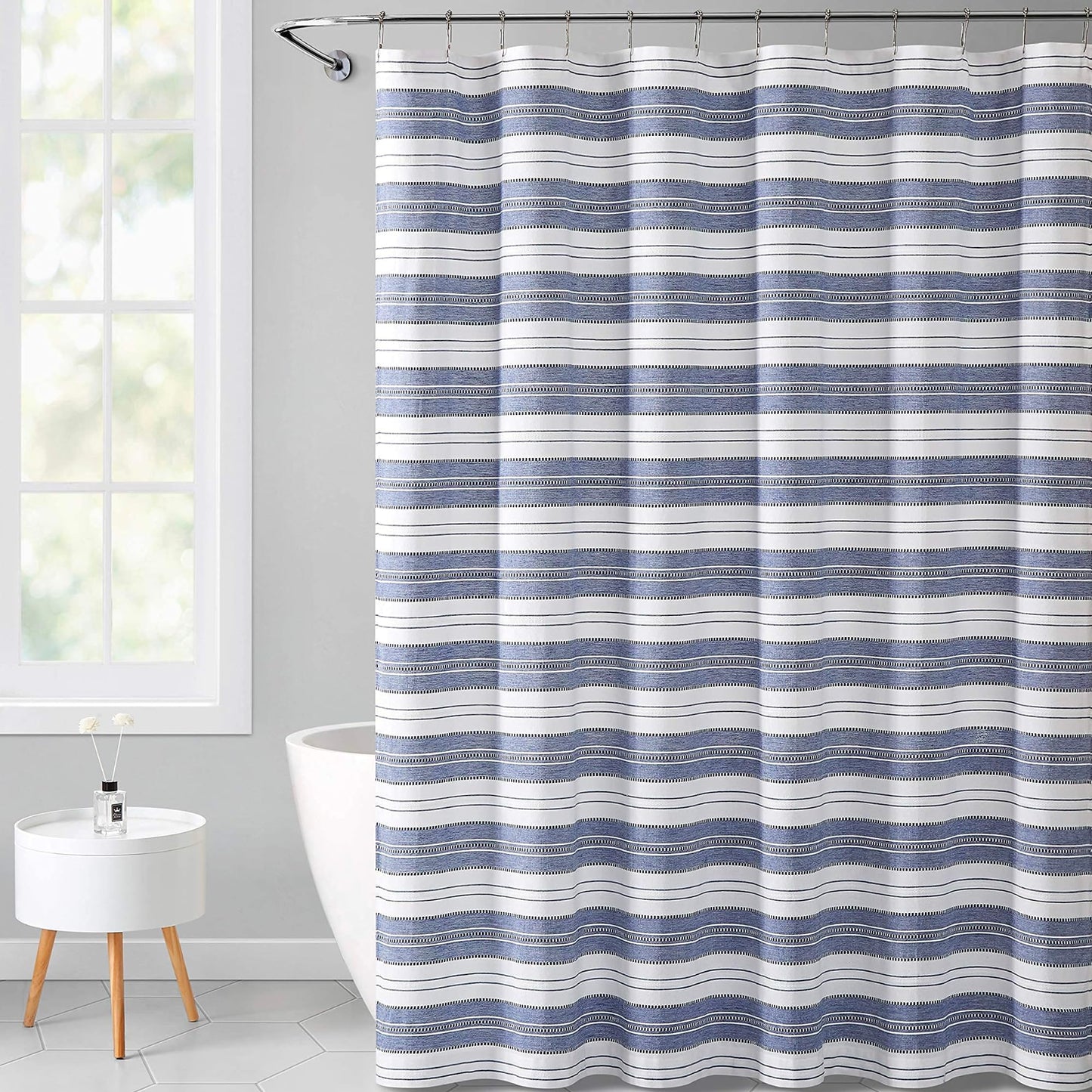Serafina Home Nautical Striped Blue and White Fabric Shower Curtain: Chambray Cotton Luxury Hotel Detailed Eyelet Decorative Weave for Bathroom 72" x…