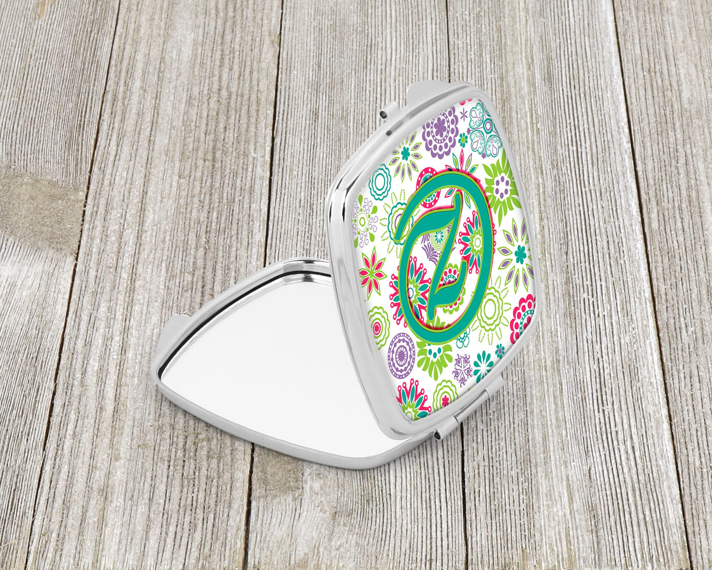 Caroline's Treasures CJ2011-ZSCM Letter Z Flowers Pink Teal Green Initial Compact Mirror Decorative Travel Makeup Mirror for Women Girls Gifts Pocket