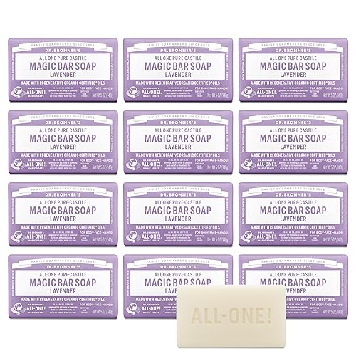 Dr. Bronner's Pure-Castile Magic Bar Soap (Lavender, 5 Ounce, 12-Pack) - Made with Regenerative Organic Certified Oils, For Face, Body & Hair, Gentle