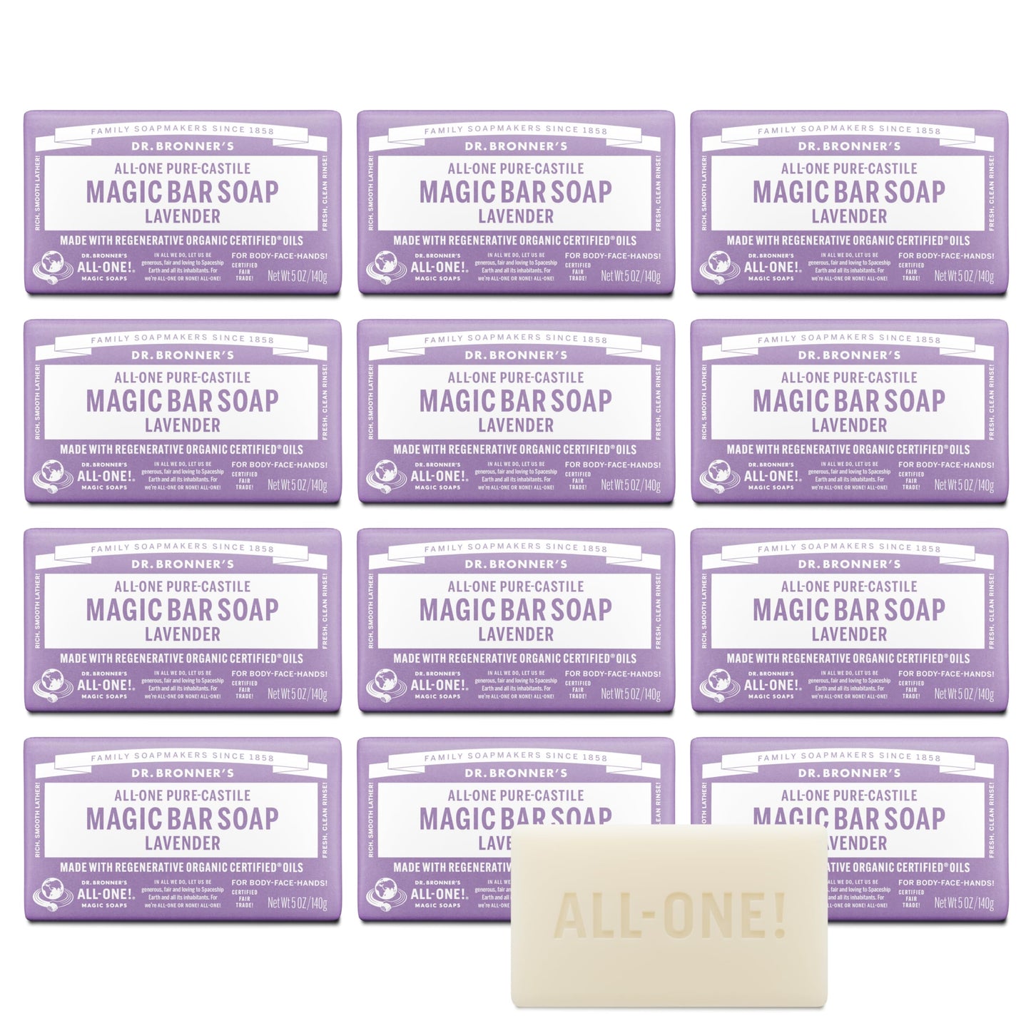 Dr. Bronner's Pure-Castile Magic Bar Soap (Lavender, 5 Ounce, 12-Pack) - Made with Regenerative Organic Certified Oils, For Face, Body & Hair, Gentle