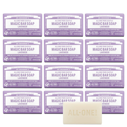 Dr. Bronner's Pure-Castile Magic Bar Soap (Lavender, 5 Ounce, 12-Pack) - Made with Regenerative Organic Certified Oils, For Face, Body & Hair, Gentle