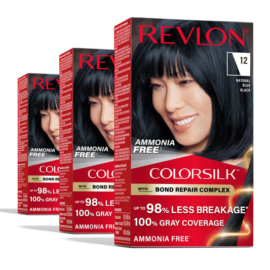 Revlon ColorSilk with Bond Repair Complex, Black Permanent Hair Color, 100% Gray Coverage, Ammonia Free Hair Dye, Vegan Keratin, 12 Natural Blue Black