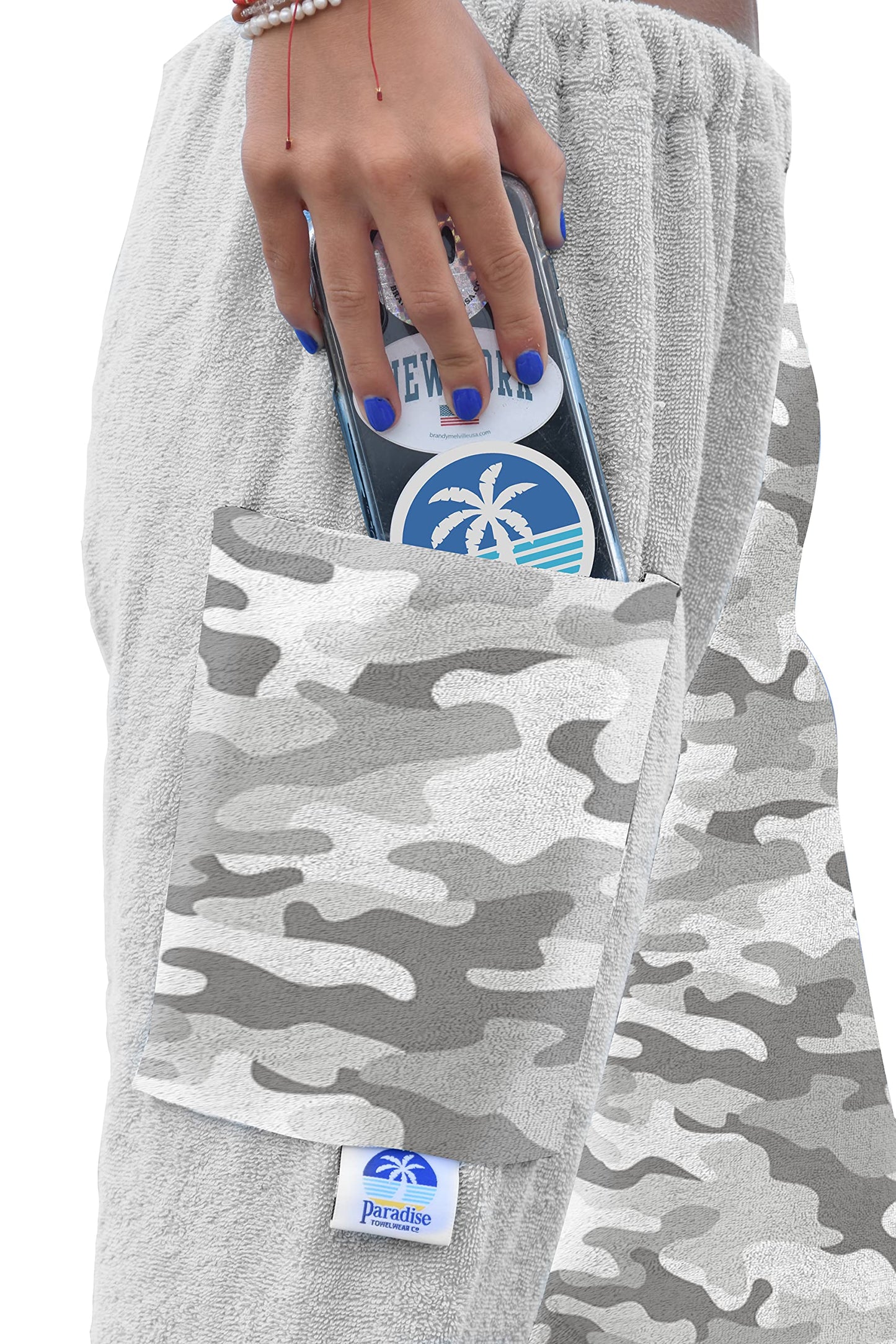Paradise Towelwear Towel Pants for Swimmers - Cotton Terry Towel Pants - Beach Coverup - Swim wear - Grey Camo Camouflage Pattern
