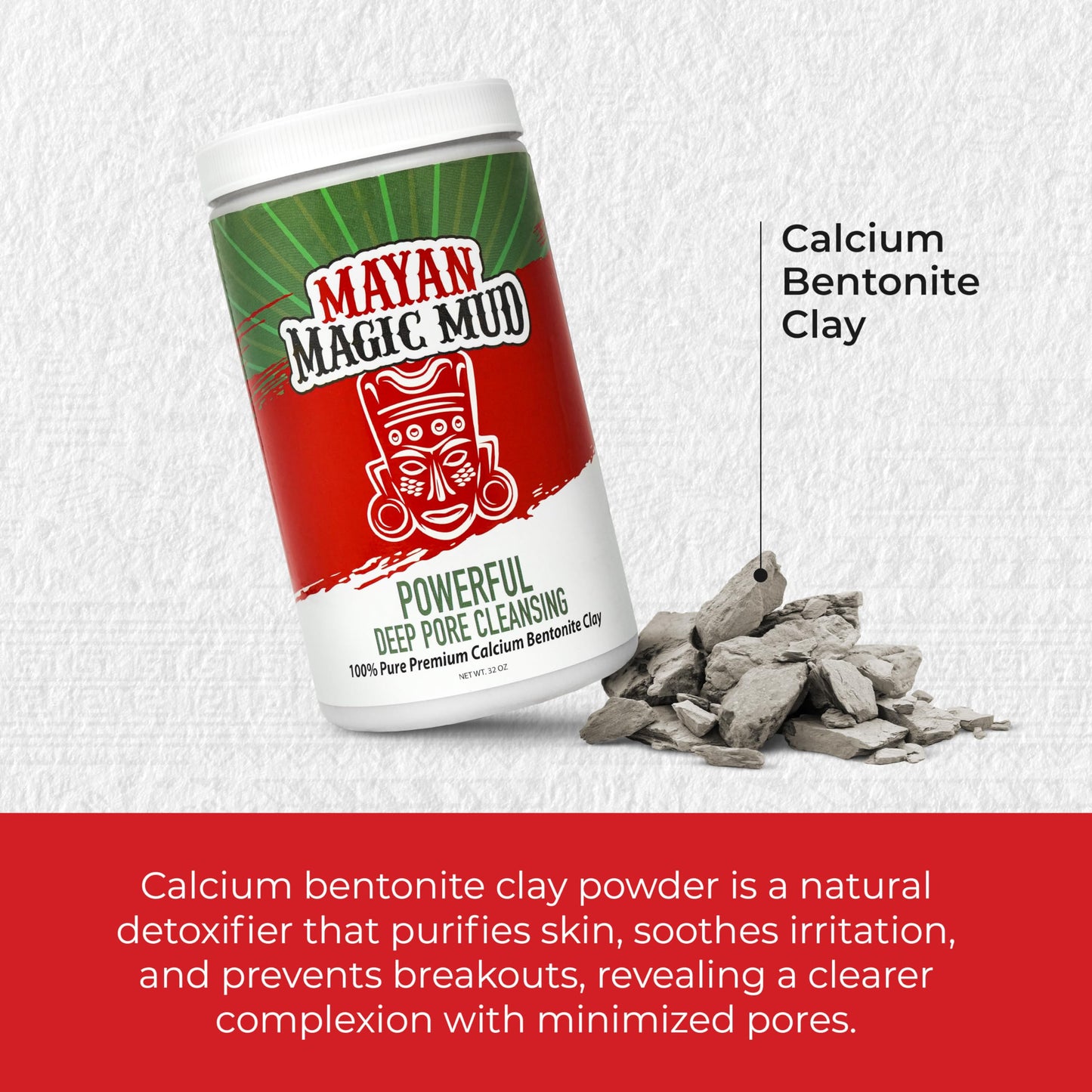Mayan Magic Mud Powerful Deep Pore Cleansing Calcium Bentonite Clay - 2 lbs - Natural Face Mask Peel for Men and Women - USA Made Full Facial Skin