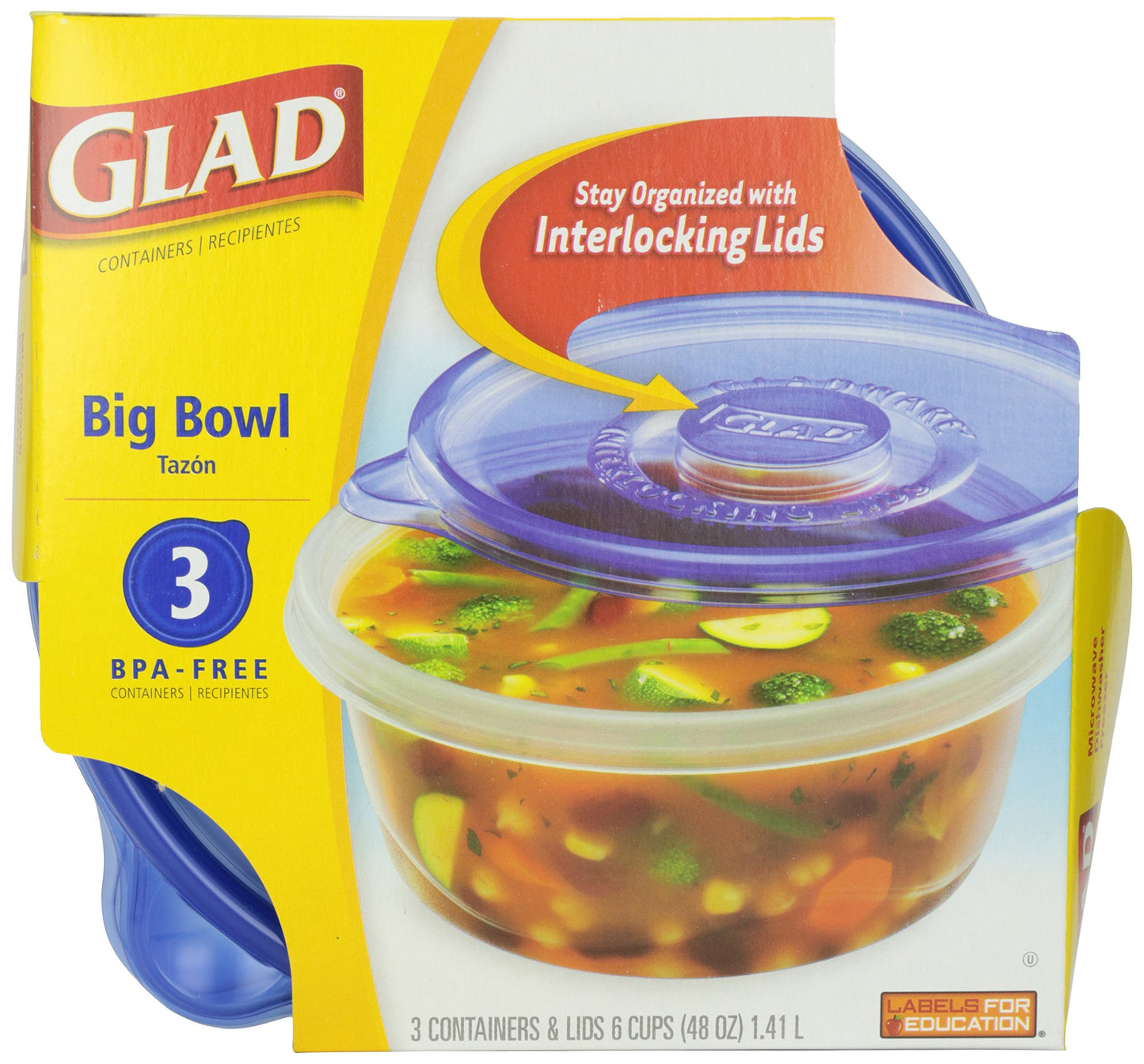 Glad Ware Big Bowl Containers with Lids, Round Size, 3 ct, 48 ounce