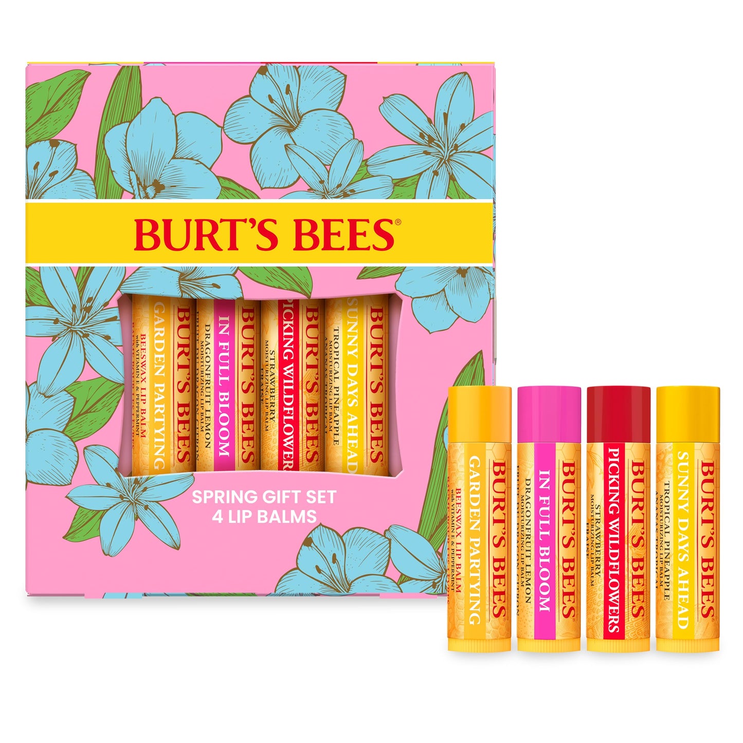 Burt's Bees Gifts Ideas - In Full Bloom Lip Balm Set, Original Beeswax, Dragonfruit Lemon, Tropical Pineapple & Strawberry, Natural Origin Lip