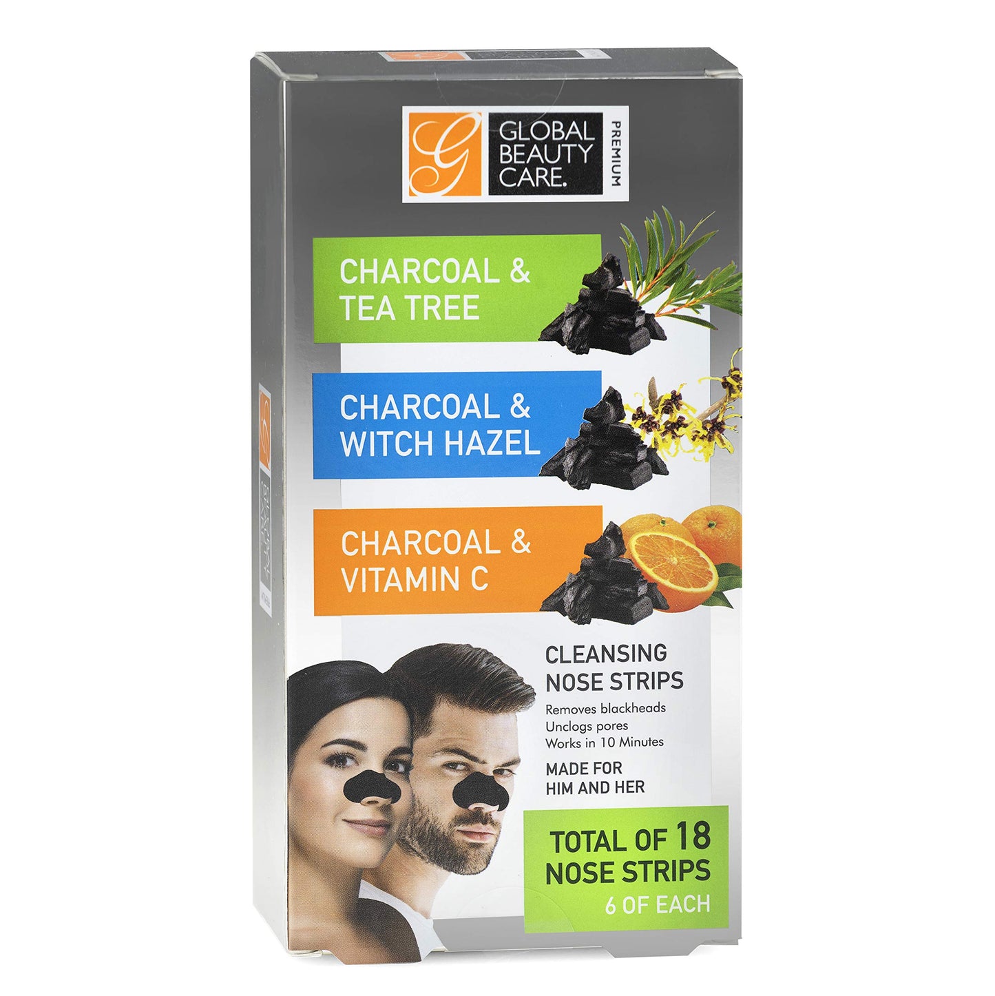 Global Beauty Care Premium 18 Nose Cleansing Strips VARIETY PACK Charcoal with Tea Tree, Witch Hazel, & Vitamin C For Blackheads Removal Strips - 18