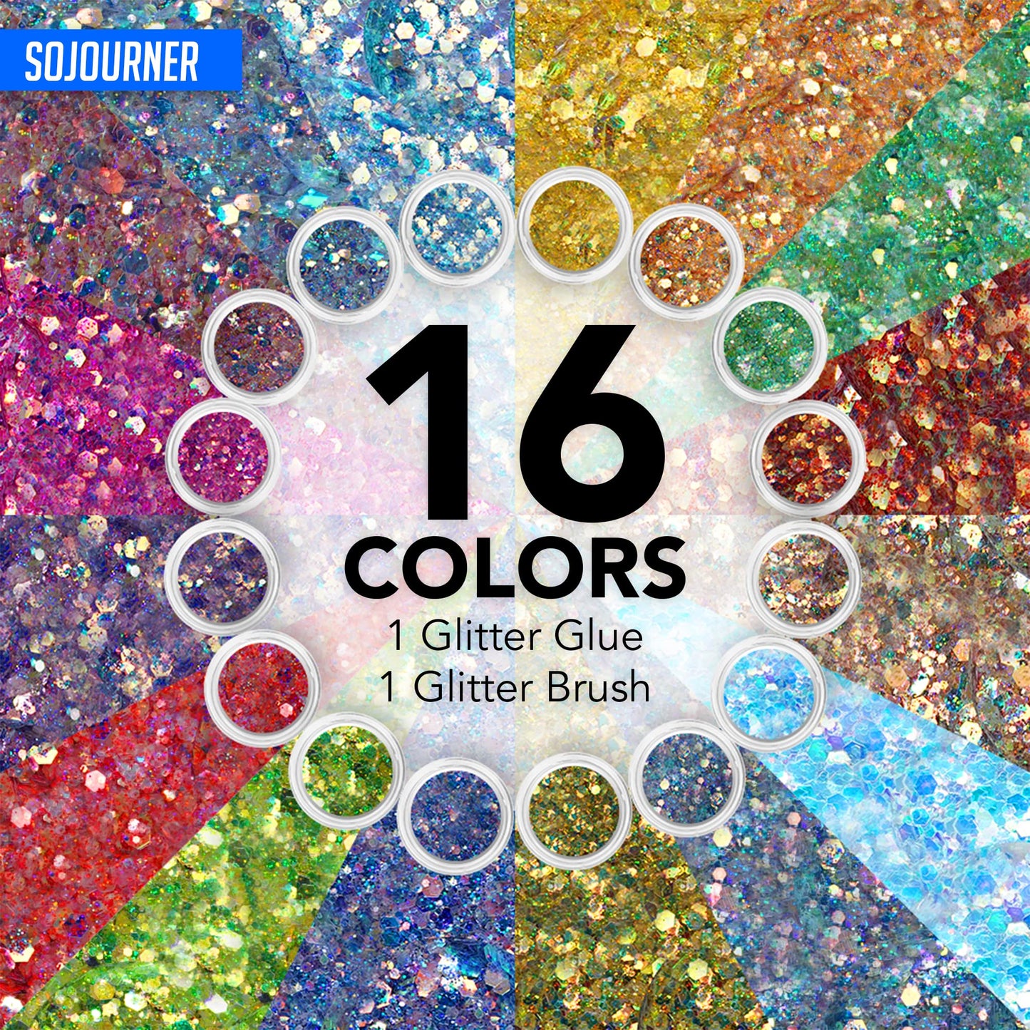 Body Glitter Set for Face & Hair - 16 Colors Fairy Tears Chunky Holographic Festival Glitter Makeup with Glue - Rave, Concert, Euphoria Looks