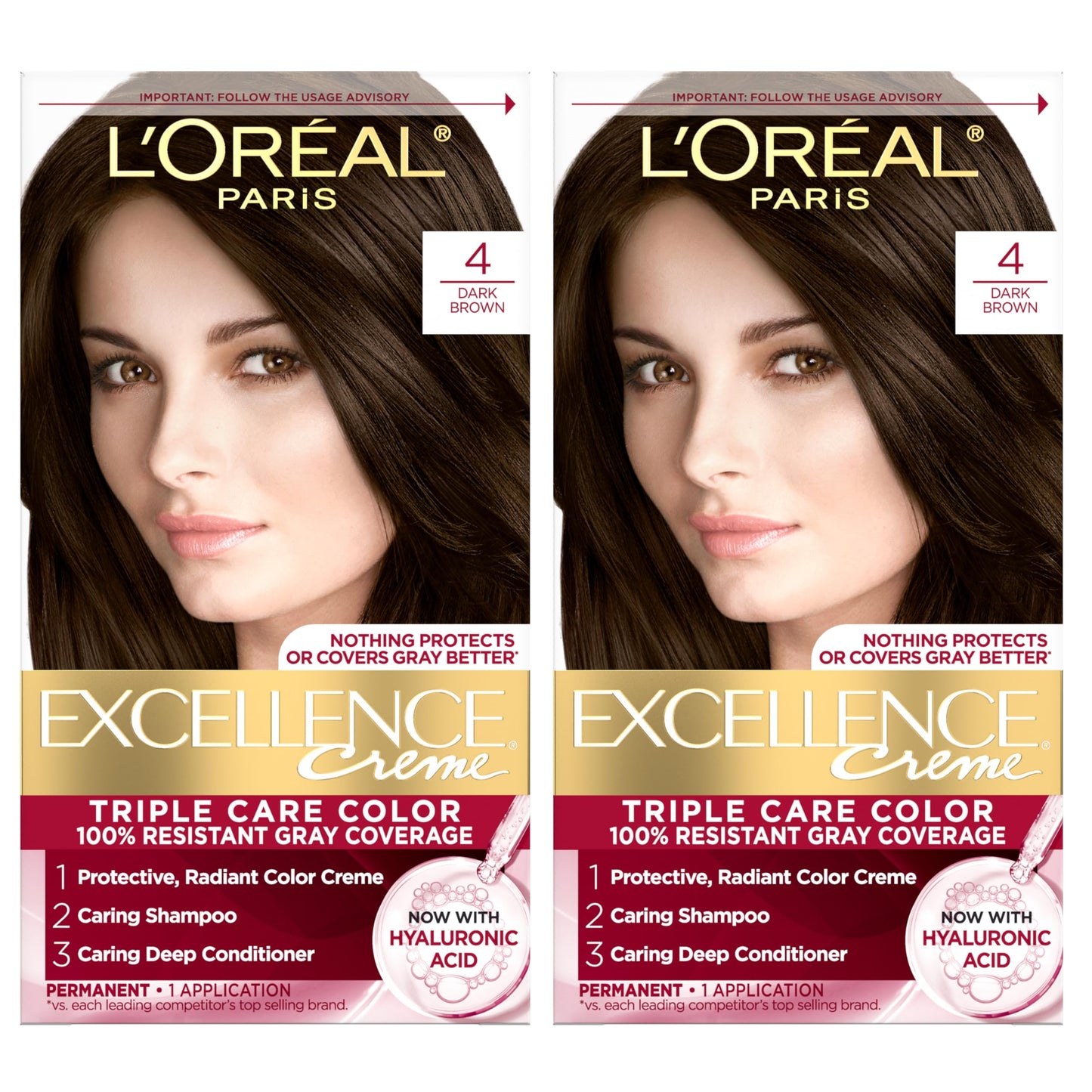L'Oreal Paris Excellence Crème Permanent Hair Dye, Triple Care Hair Color with Hyaluronic Acid for 100% Gray Coverage, 4 Dark Brown, 1 Kit (Pack of 2)