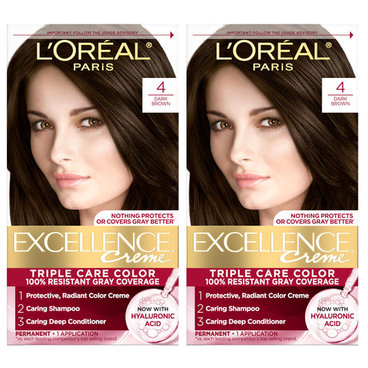 L'Oreal Paris Excellence Crème Permanent Hair Dye, Triple Care Hair Color with Hyaluronic Acid for 100% Gray Coverage, 4 Dark Brown, 1 Kit (Pack of 2)