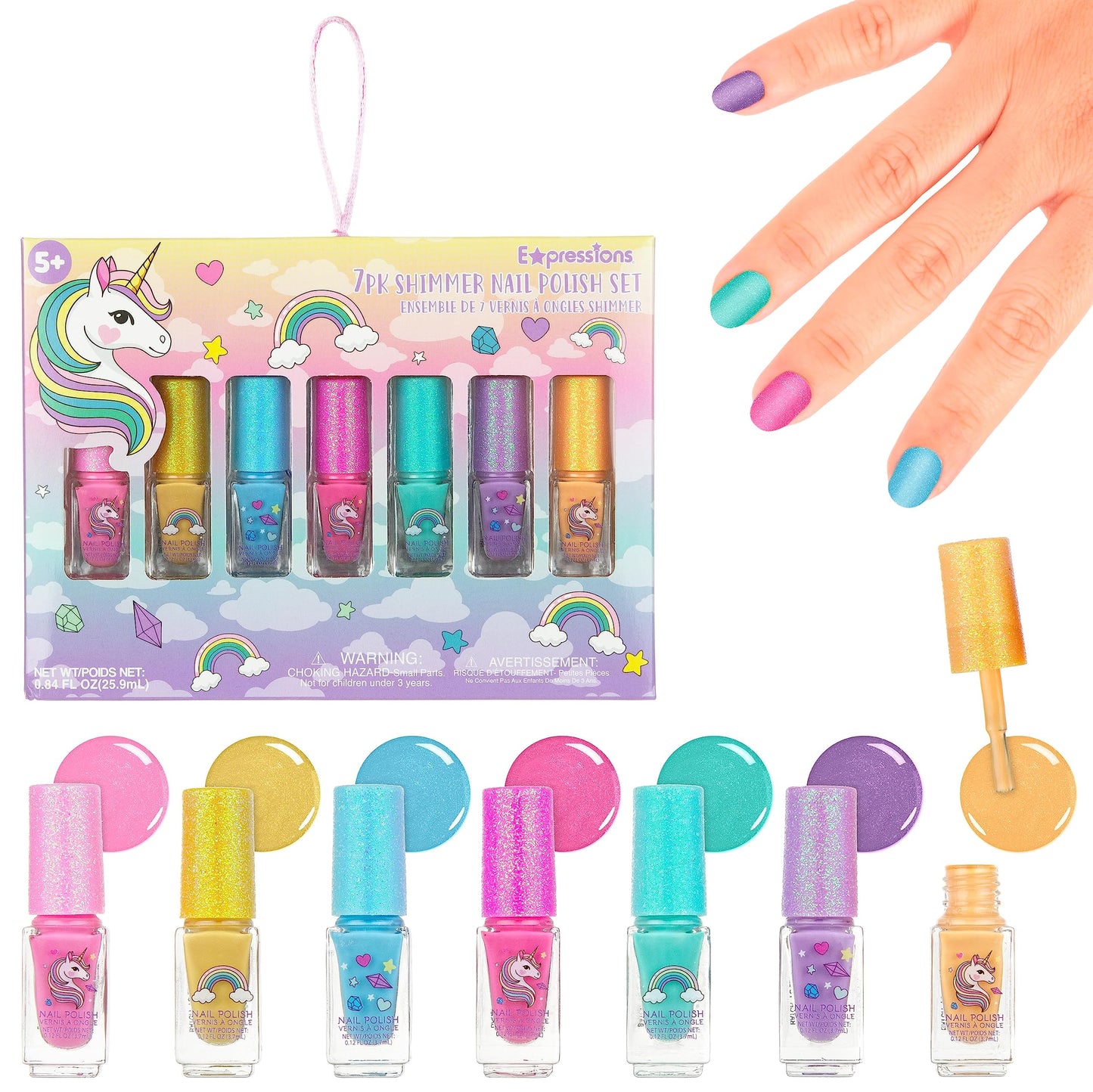 7pc Unicorn Shimmer Nail Polish Set for Girls - Glitter Cap, Non-Toxic Quick Dry Manicure & Pedicure Kit, Vibrant Assorted Shades