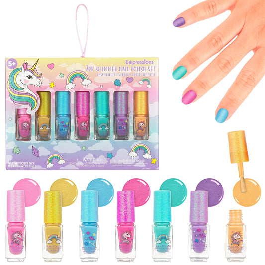 7pc Unicorn Shimmer Nail Polish Set for Girls - Glitter Cap, Non-Toxic Quick Dry Manicure & Pedicure Kit, Vibrant Assorted Shades