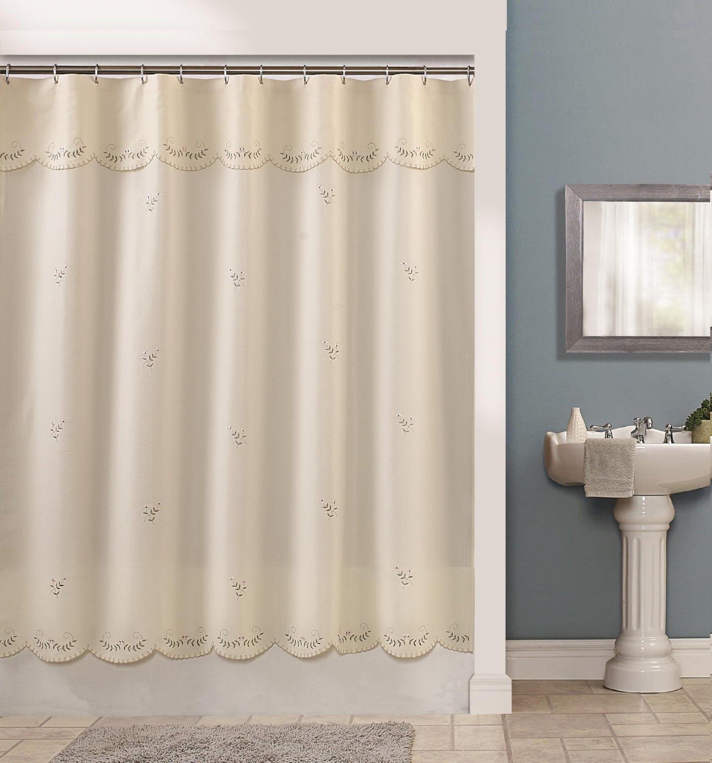 Today's Curtain, Forget-Me-Not Shower Curtain, Ecru/Rose, 70" W x 72" L, with Valance