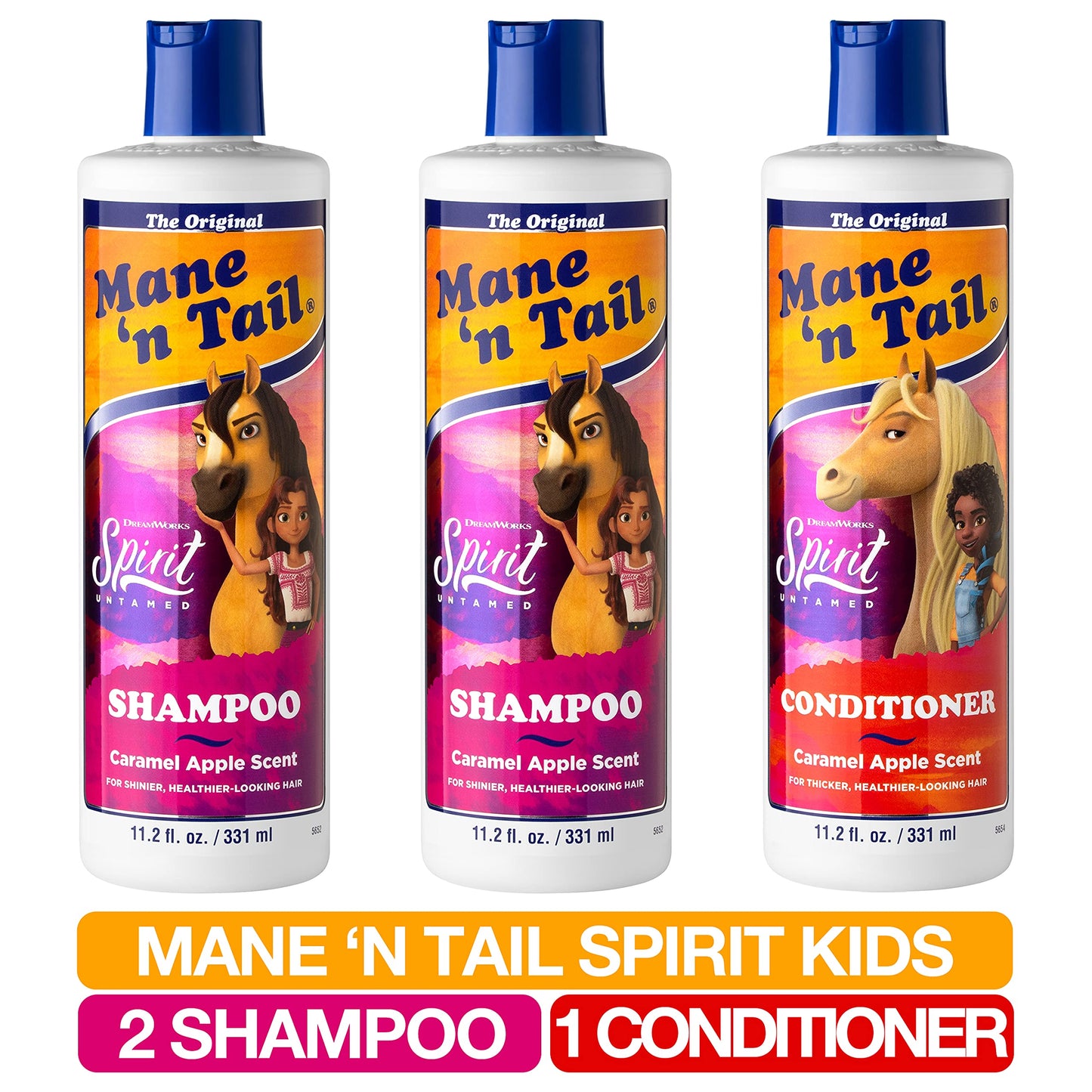 Mane 'n Tail Spirit Untamed Shampoo (2-Pack) & Conditioner (1-Pack) - Caramel Apple Scented, Gentle Coconut Oil Formula for Soft, Silky Hair (11.02 oz