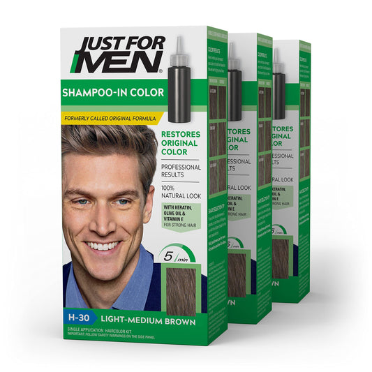 Just For Men Shampoo-In Color (Formerly Original Formula), Mens Hair Color with Keratin and Vitamin E for Stronger Hair - Light-Medium Brown, H-30