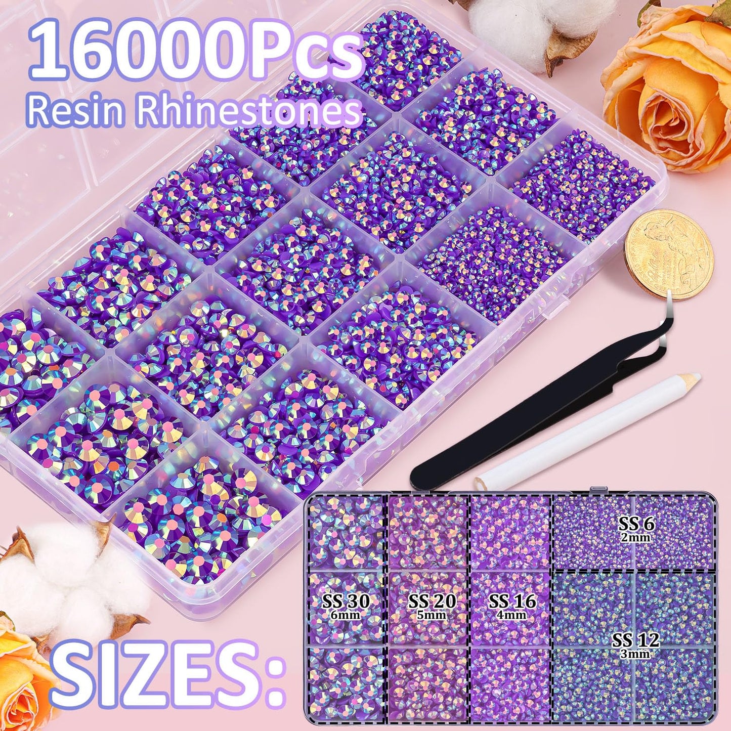 16000Pcs Resin Jelly Rhinestones with Tweezers for Crafting, Dark Purple AB 2-6mm Mixed Sizes Flatback Gems, Bedazzling Crystal for DIY Crafts Beauty and Personal Care TINKRSTUFF