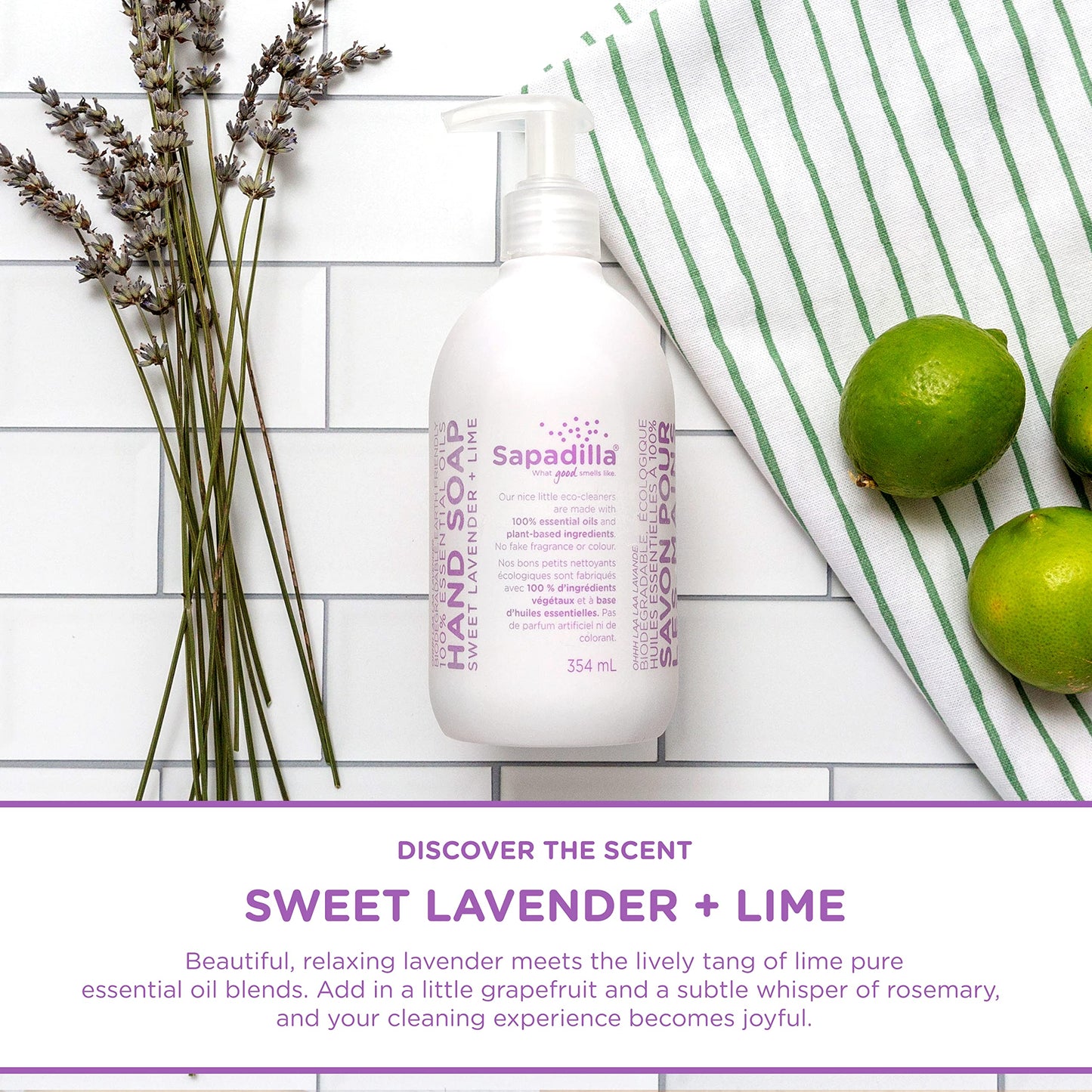 Sapadilla Liquid Hand Soap - Sweet Lavender + Lime - Made with 100% Pure Essential Oil Blends, Cleansing & Moisturizing, Aromatic & Fragrant Hand
