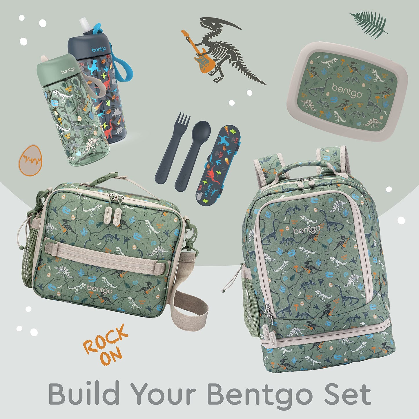 Bentgo Kids 2-in-1 Backpack & Insulated Lunch Bag - Durable 16” Backpack & Lunch Container in Unique Prints for School & Travel - Water Resistant, Padded & Large Compartments (Dino Fossils)