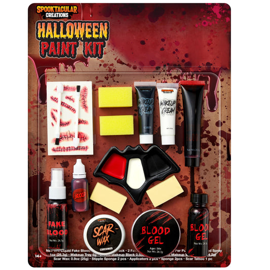 Spooktacular Creations 16 Pcs Halloween Family Makeup Kit Face Body Paint with Liquid Blood Gel, Fake Blood and More Easy On Makeup Set for Zombie