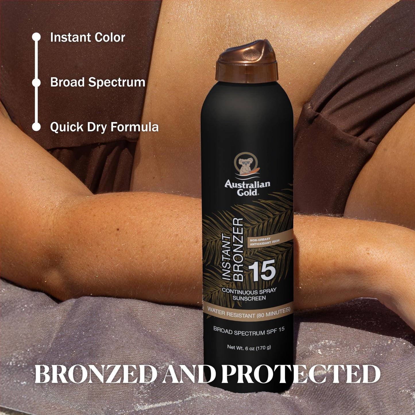 Australian Gold Continuous Spray Sunscreen with Instant Bronzer SPF 15, Immediate Glow & Dries Fast, Broad Spectrum, Water Resistant, Non-Greasy Beauty and Personal Care Australian Gold