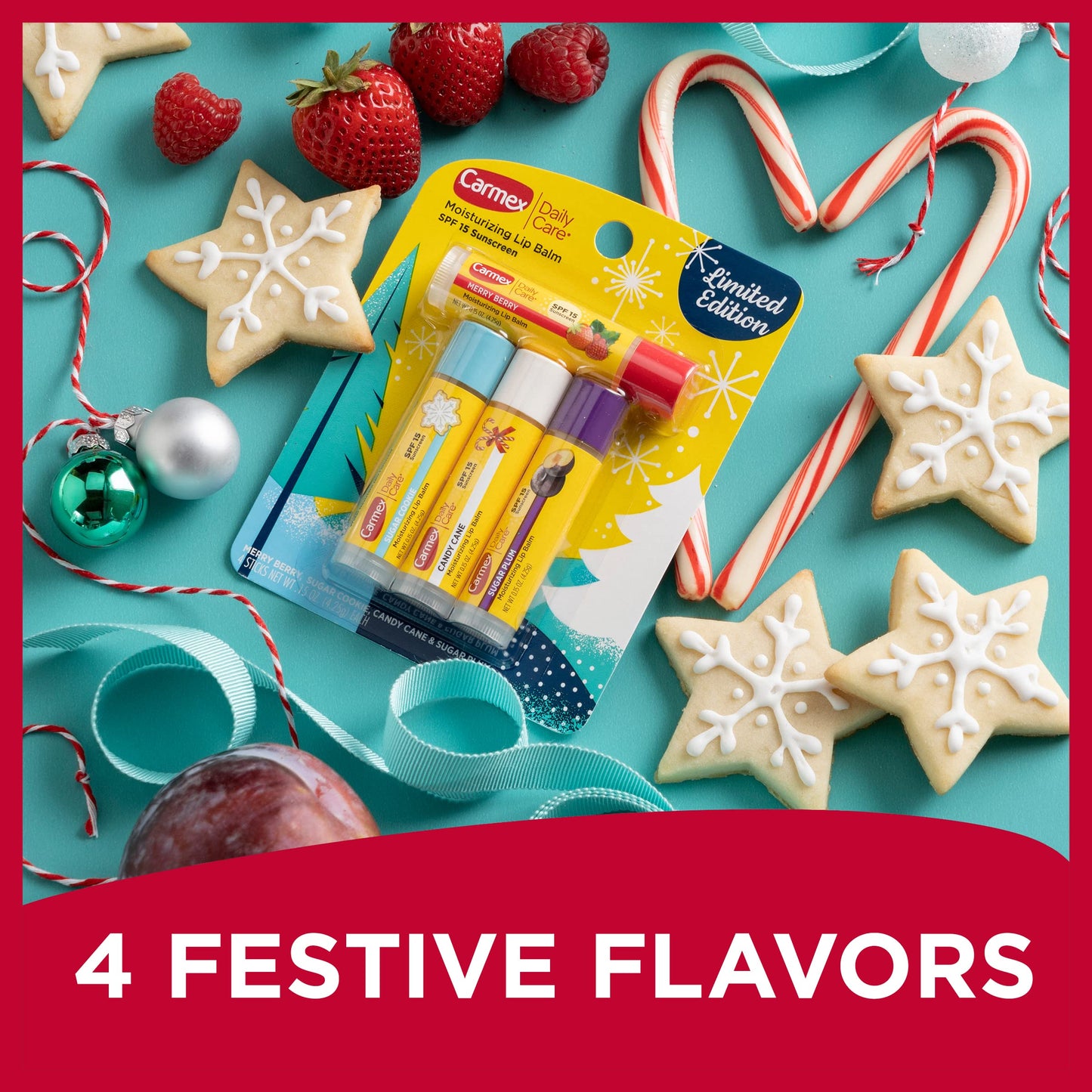 Carmex Daily Care Moisturizing Lip Balm Limited Edition Holiday Stick Pack in Sugar Plum, Candy Cane, Sugar Cookie and Merry Berry - 0.15 OZ each, 4