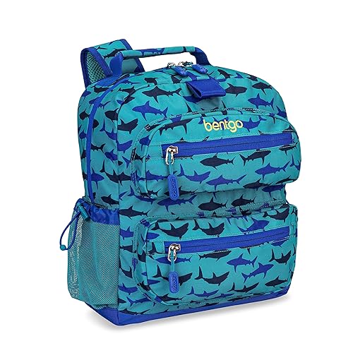 Bentgo Kids Backpack - Lightweight 14” Backpack in Fun Prints for School, Travel, & Daycare, Ideal for Ages 4+, Roomy Interior, Durable & Water-Resistant Fabric, & Loop for Lunch Bag (Shark)