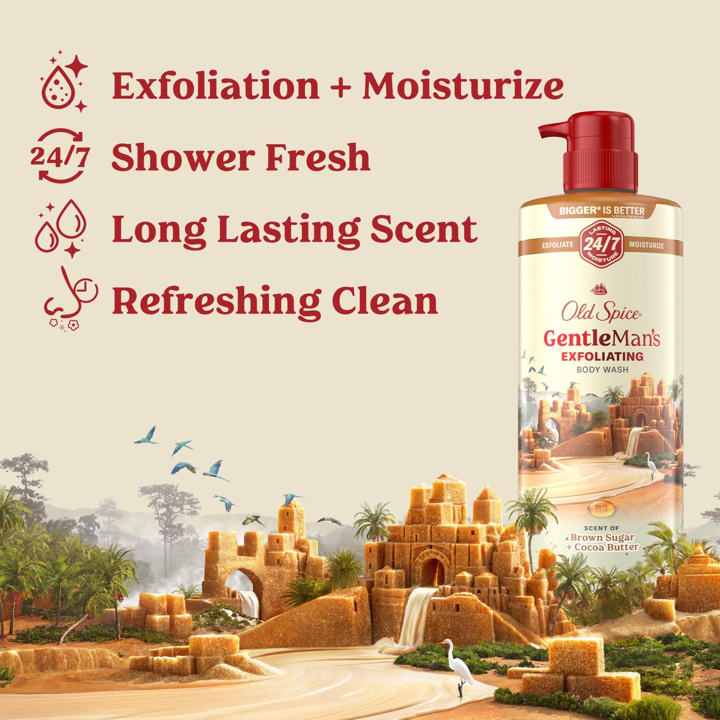 Old Spice GentleMan's Exfoliating & Moisturizing Body Wash for Men, 24/7 Shower Fresh with Long Lasting Scent, Renewing Vitamin B3 Blend, Brown Sugar