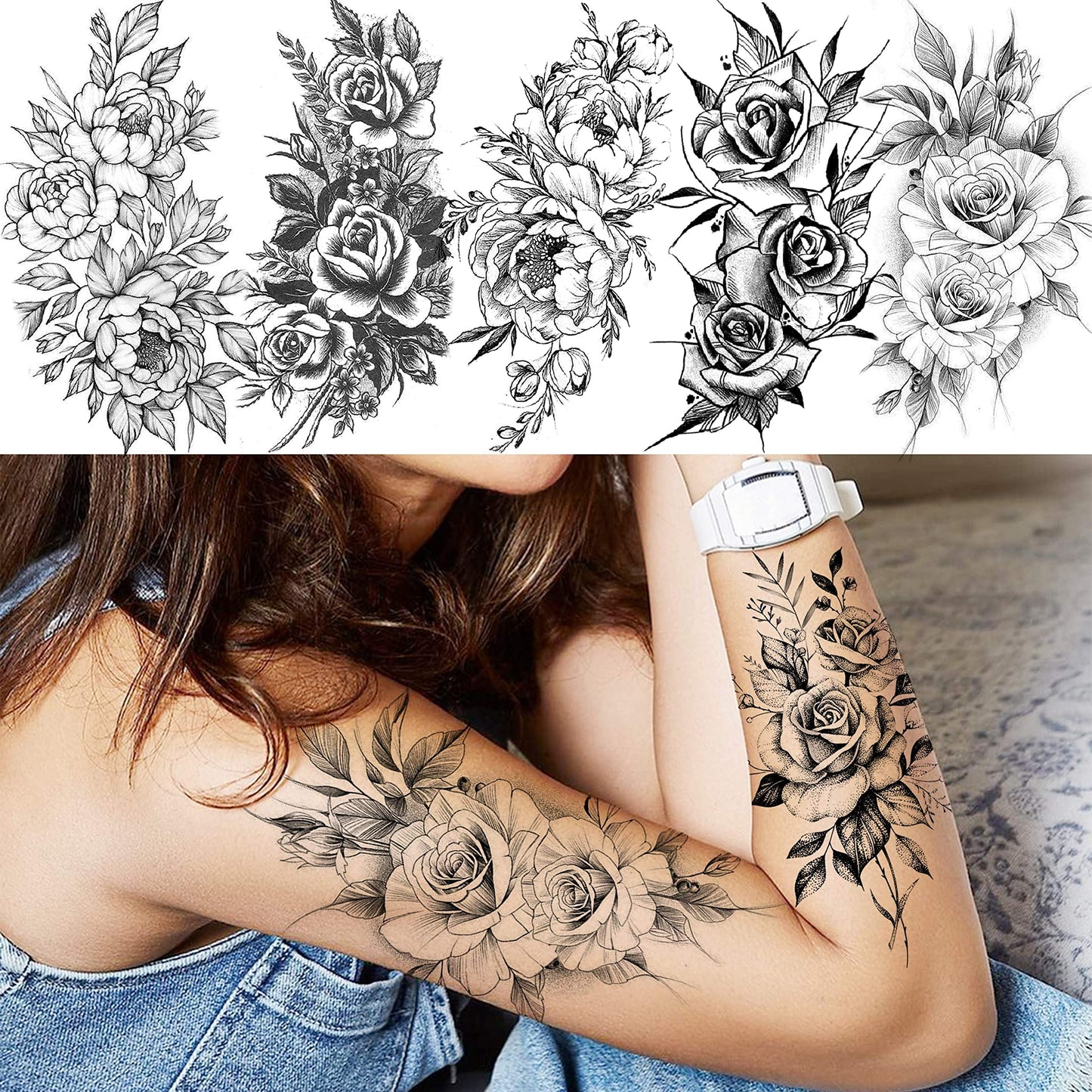 VANTATY 63 Sheets Realistic Black Rose Peony Flower Temporary Tattoos for Women Adults Body Art Arm, Snake Fake Floral Sketch Sleeve Tattoo Sticker Beauty and Personal Care VANTATY