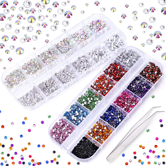 3000 PCS Rhinestones for Craft, PHOGARY AB Rhinestones Flat Back (Small Size 1.5-5 mm) 13 Colors with Pick Up Tweezer for Crafts Nail Face Art Clothes