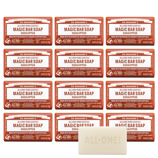 Dr. Bronner's Pure-Castile Magic Bar Soaps (Eucalyptus, 5oz, 12-Pack) - Made with RegeOrganic Oils, Soap Bars for Men & Women, Gentle for Face Beauty & Personal Care Dr. Bronner's