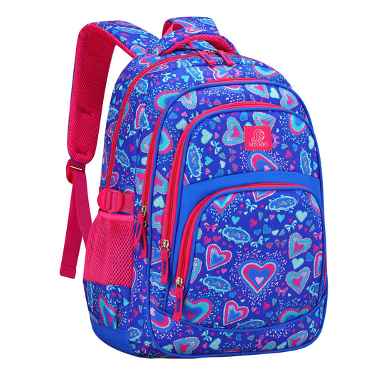MYGOO Tropical Kids Backpack for Girls | 17" Heart Blue | Grove Collection | Designed for School-Aged Children