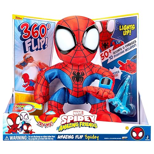 Marvel Spidey and His Amazing Friends Amazing Flip Spidey - 12-Inch Animatronic Plush with Lights, Sounds, and Web Dart Launcher