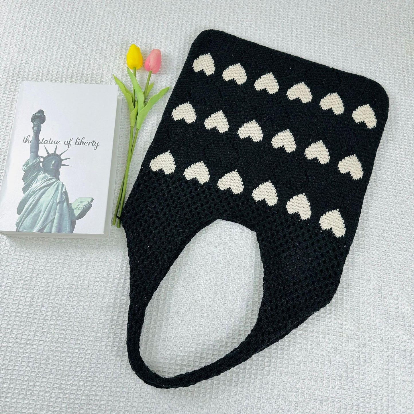 Pokn Heart Crochet Tote Bag Cute Purse for Women Cutecore Key Chain Y2K Accessories Valentines Aesthetic Handbags for Women (N-Black)