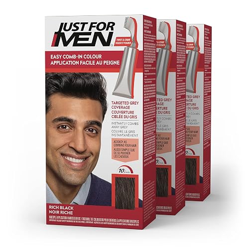 Just For Men Easy Comb-In Color Mens Hair Dye, Easy No Mix Application with Comb Applicator - Rich Black, A-65, Pack of 3