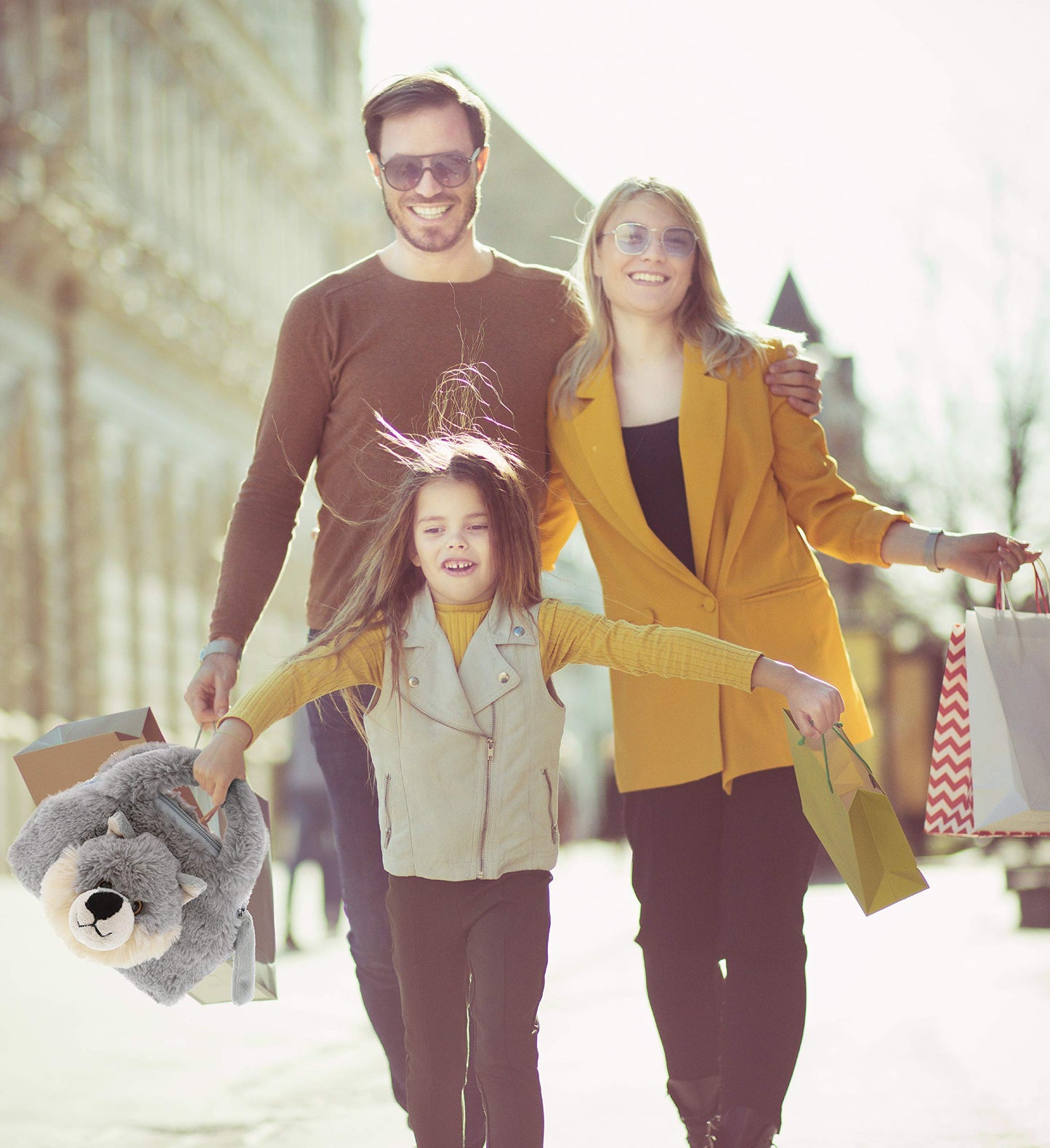 DolliBu Gray Wolf Plush Handbag - Super Soft Plush Stuffed Animal Purse for Children's Accessories, Kids Hand Bag Toy Purse, Pretend Play, Fluffy…