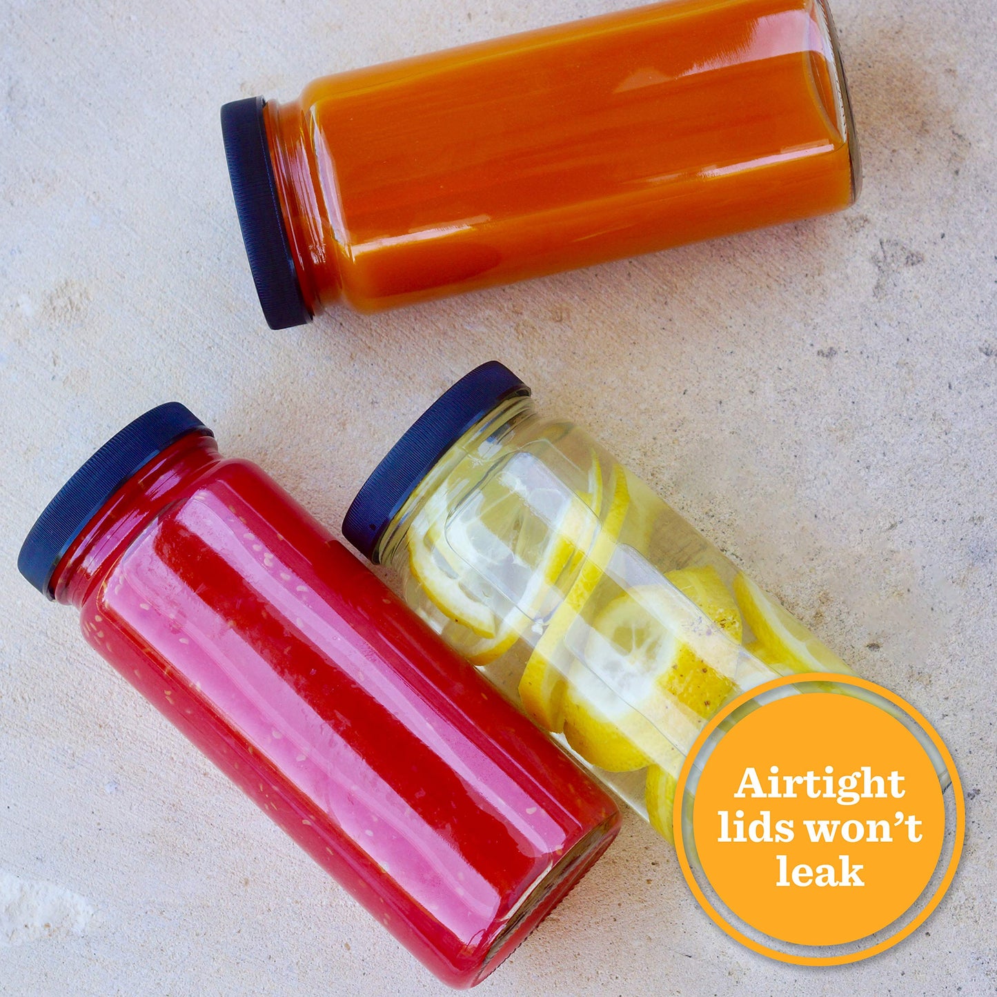 All About Juicing Clear Glass Water Bottles Set - 6 Pack Wide Mouth with Lids for Juice, Smoothies, Beverage Storage - 16 oz, Durable, Reusable