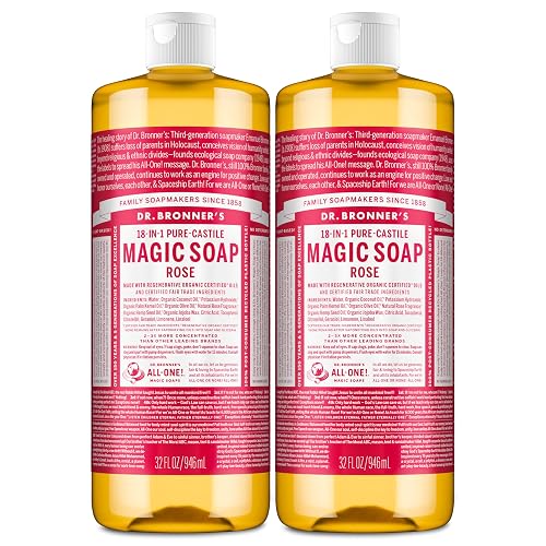 Dr. Bronner's Pure-Castile Magic Liquid Soap (Rose, 32 Ounce, 2-Pack)- Made with Regenerative Organic Certified Oils, 18-in1 Uses: Face, Hair, Hand